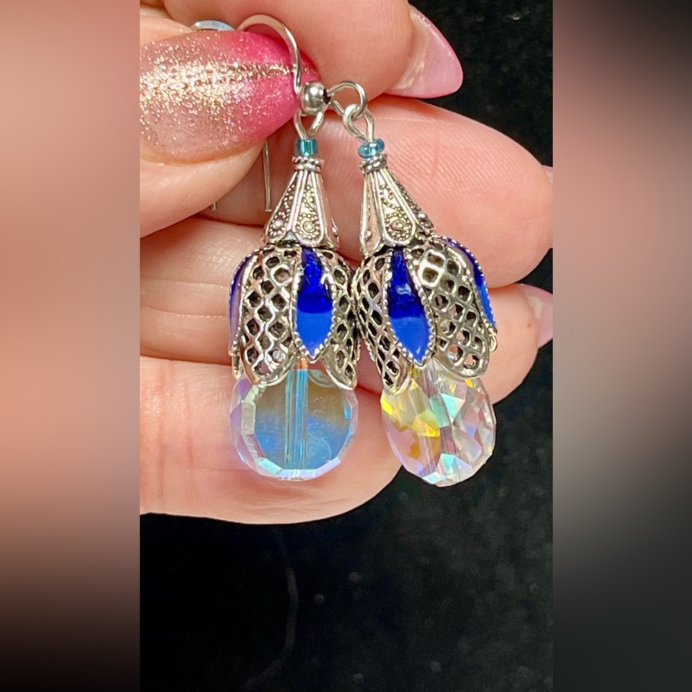 Ornate silver and Blue Dangle Earrings with stunning Swarovski